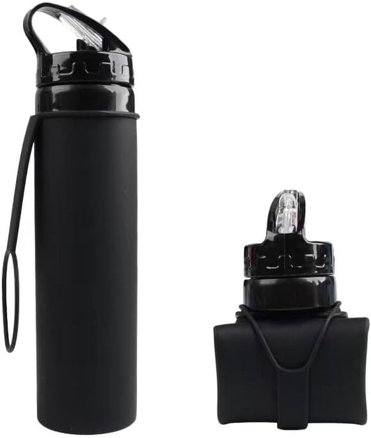 Collapsible Water Bottles 20oz, Leak Proof, BPA-Free, Foldable Silicone Travel Water Bottle for Cycling, Hiking, Black
