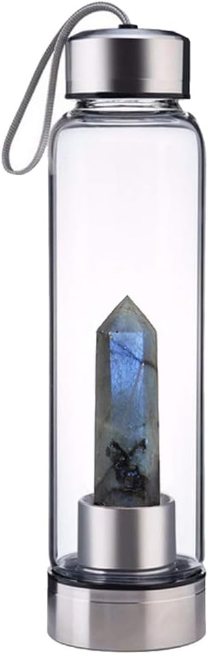 Crystal Glass Water Bottle,Water Bottle With Gemstone Center Crystal Elixir Bottle,Removable Gemstones Water Cup Crystal Column Magic Wand Energy Cup for Gifts (F-Elongated Stone)