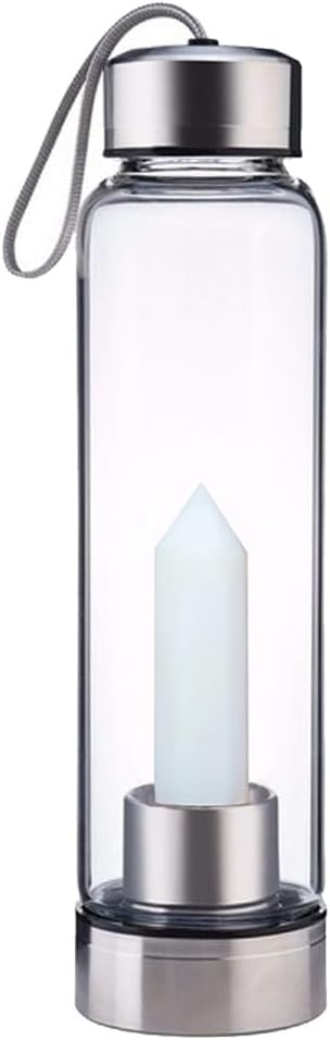 Crystal Glass Water Bottle,Water Bottle With Gemstone Center Crystal Elixir Bottle,Removable Gemstones Creative Water Cup Crystal Column Magic Wand Energy Cup for Gifts (M-Opal)