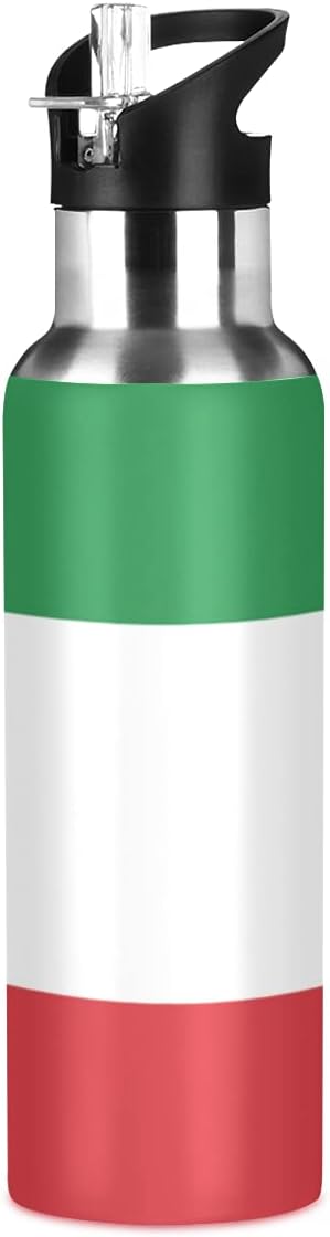 Italian Flag Sports Water Bottle, Double Wall Vacuum Insulated Stainless Steel Water Bottle with Straw Keeps Hot and Cold, Bike Running Sports Travel Gym 20oz