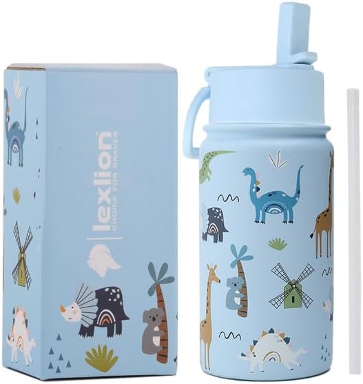 Water Bottle 14 Oz, Triple Walled Insulated Stainless Steel Odor & Strain Resistant Reusable Bottle, 1 straw Lid, Leakproof, Metal Mug Gallon, BPA Free, Blue Zoo