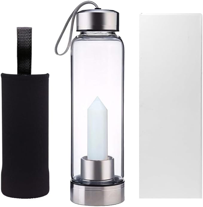 Crystal Glass Water Bottle,Water Bottle With Gemstone Center Crystal Elixir Bottle,Removable Gemstones Creative Water Cup Crystal Column Magic Wand Energy Cup for Gifts (M-Opal)