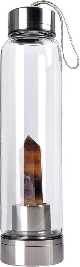 Crystal Glass Water Bottle Energy Quartz Gemstone Water Bottle with Changeable Natural Crystal Center for Healing and Wellness Yellow Fluorite