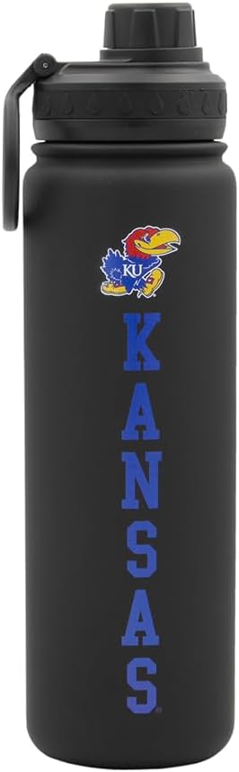 University of Kansas Water Bottle - Black Double Walled Stainless Steel 24 oz Keeps Drinks Cold or Hot
