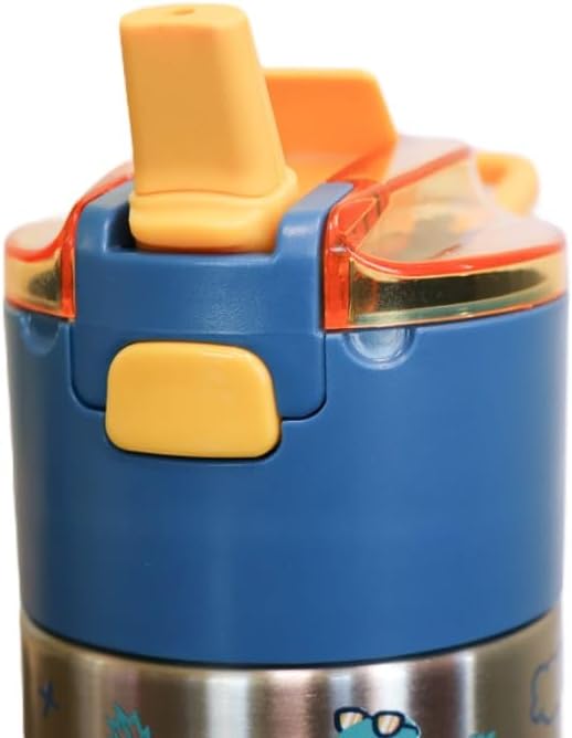 Kids insulated water bottle with straw and snack cup. Double wall stainless steel 14oz (teal and dark yellow dinosaur)