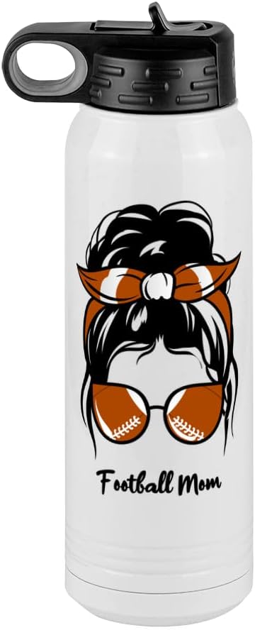 Football Mom Water Bottle, Messy Bun, White 30 oz Polar Camel with Straw Lid, Stainless Steel, Vacuum Insulated