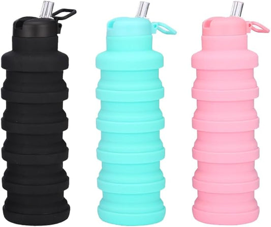Collapsible water bottles 3 Pack with brush,BPA Free Travel Silicone Water Bottle with Carabiner,Reusable Foldable Portable Lightweight Sports bottles for Gym Camping Hiking (Black+Pink+Blue)