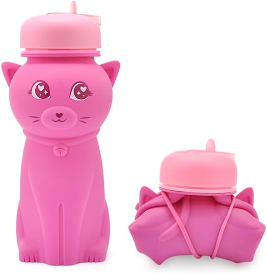 Collapsible Silicone cat Water Bottle with Carabiner |500ml(16.9 oz) | for Girls in the School, Hiking, Backpacking, Camping, Work out Sports | BPA Free(kawaii & cute Rose red cat)