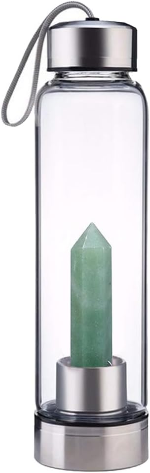 Crystal Glass Water Bottle,Water Bottle With Gemstone Center Crystal Elixir Bottle,Removable Gemstones Creative Water Cup Crystal Column Magic Wand Energy Cup for Gifts (N-Dongling Jade)