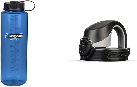 Nalgene Sustain Tritan BPA-Free Water Bottle Made with Material Derived from 50% Plastic Waste, 48 OZ, Wide Mouth, Blue & On The Fly Bottle Replacement Lid (Black/Gray), 22oz