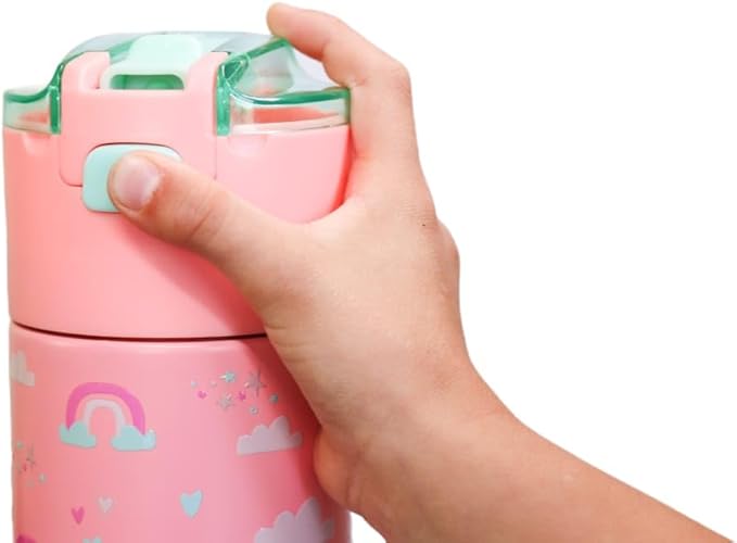 Kids insulated water bottle with straw and snack cup. Double wall stainless steel 14oz (Hot peach and light turquoise green rainbow)