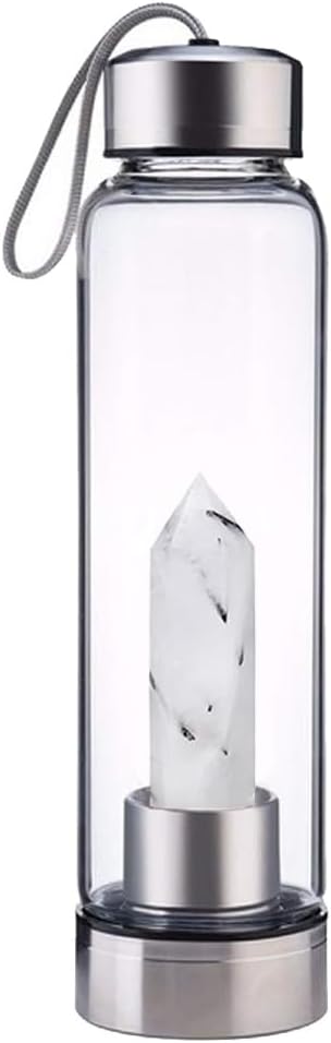 Crystal Glass Water Bottle,Water Bottle With Gemstone Center Crystal Elixir Bottle,Removable Gemstones Water Cup Crystal Column Magic Wand Energy Cup for Gifts (J-Black Tourmaline)