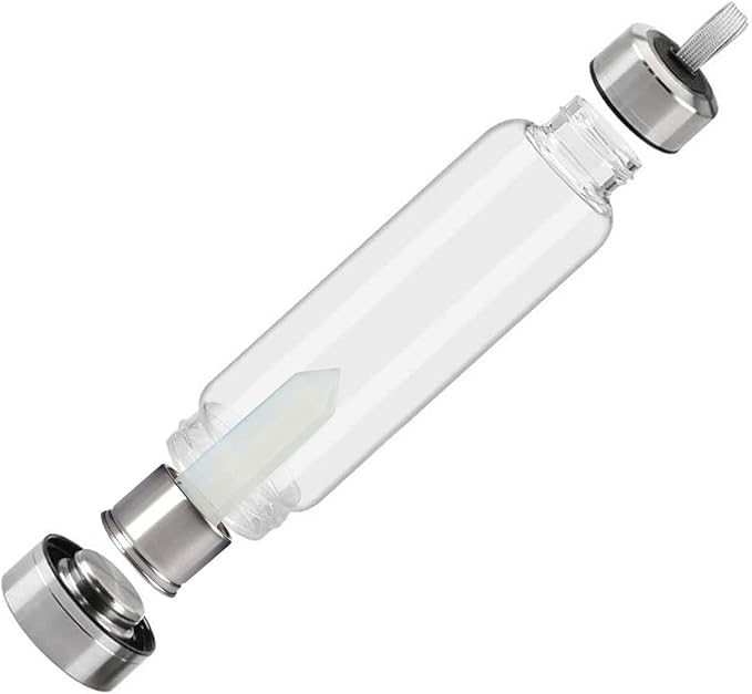 Crystal Glass Water Bottle, Glass Water Bottle with Changeable Natural Crystal Center, Quartz Gemstone Water Bottle for Natural