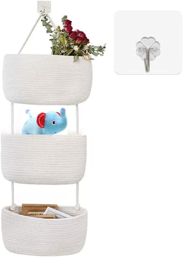 Hanging Baskets for Organizing,Bathroom Organizers and Storage,3-Tier Woven Cotton Wall-Mounted Storage Organizer Bag Decorative,Kitchen,Living Room,Bedroom
