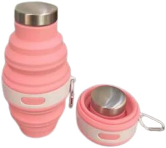 Collapsible Silicone Water Bottle with Carabiner, 475ml/17oz, BPA-Free, Leak-Proof, Lightweight & Durable for Travel, Gym, Camping (Pink)