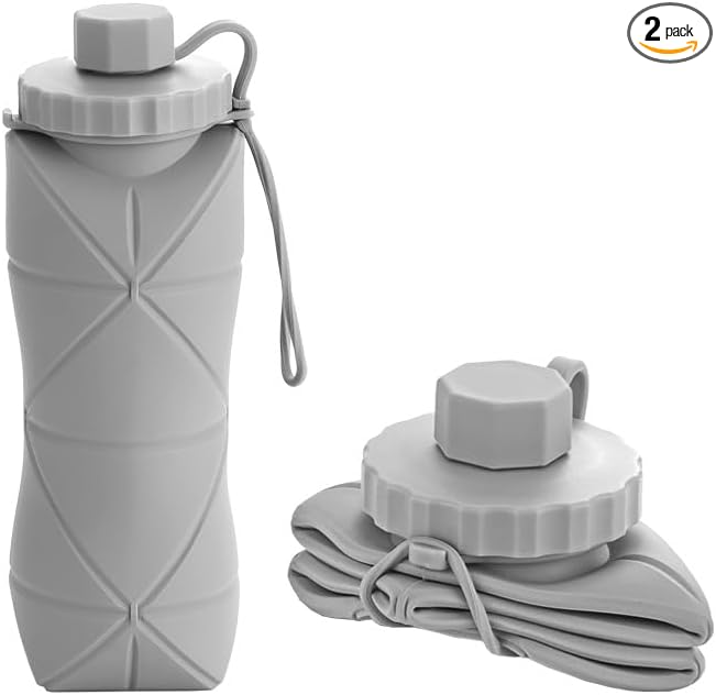 Silicone Foldable Water Bottles For Travel,Lightweight, Leakproof, and Reusable Perfect for Travel, Camping, Yoga, and Outdoor Sports,BPA Free, 20 oz （Green and grey）