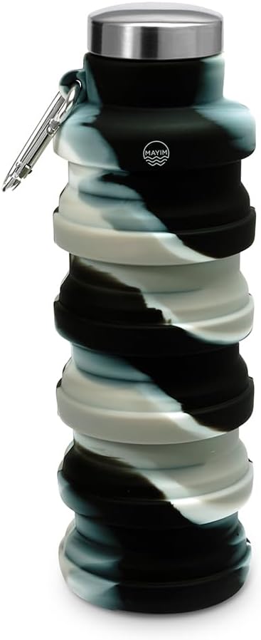 Mayim Collapsible Water Bottles Silicone Travel Tumbler with Clip for Backpack, Reusable Portable Sport Water Bottle for Gym, Camping, Hiking or Airport, 17 Oz Black & White Tie Dye