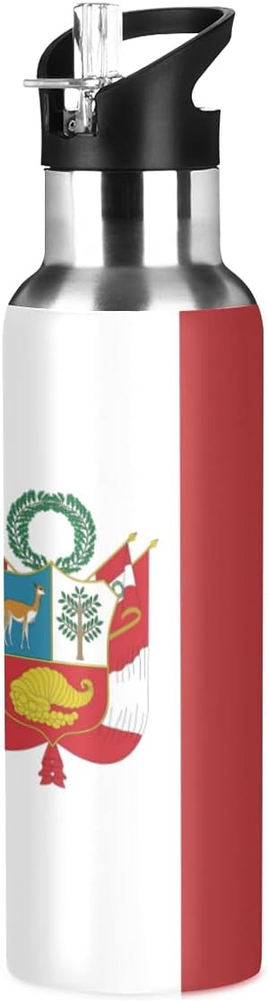 Peru Flag Sports Water Bottle, Double Wall Vacuum Insulated Stainless Steel Water Bottle with Straw Keeps Hot and Cold, Bike Running Sports Travel Gym 20oz
