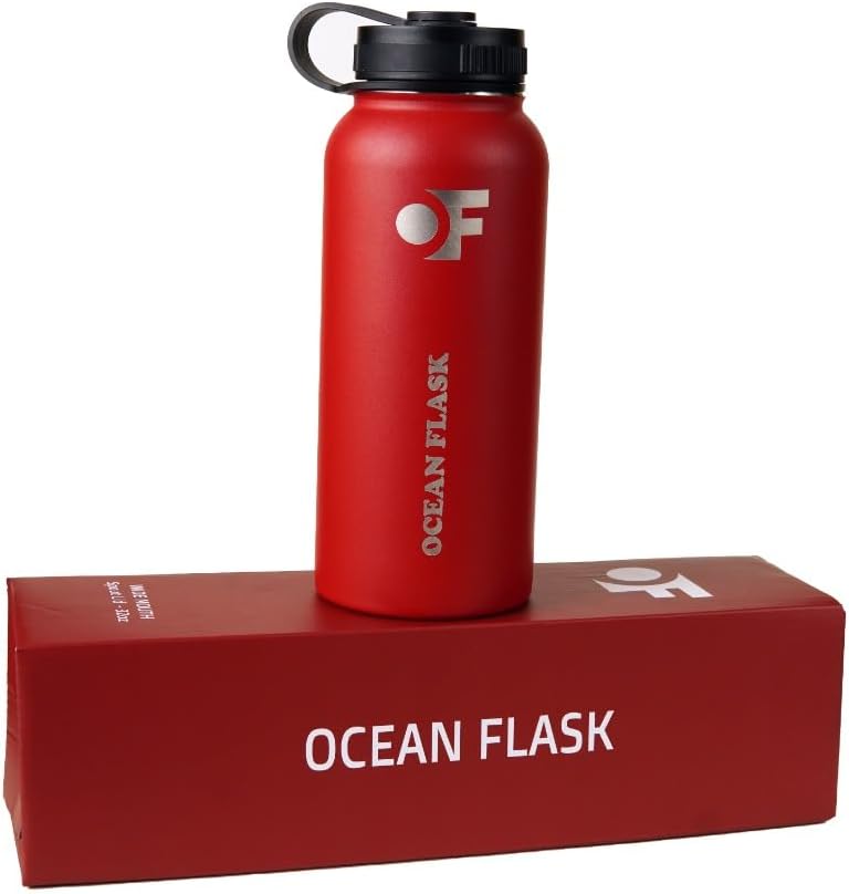 Sports Water Bottle - 32 Oz 3 Lids Straw Lid Leak Proof (Straw, Spout and Handle Lid)- Stainless Steel Sport and Gym, Travel Bottles for Men, Women -Insulated Thermos (Fire Red)