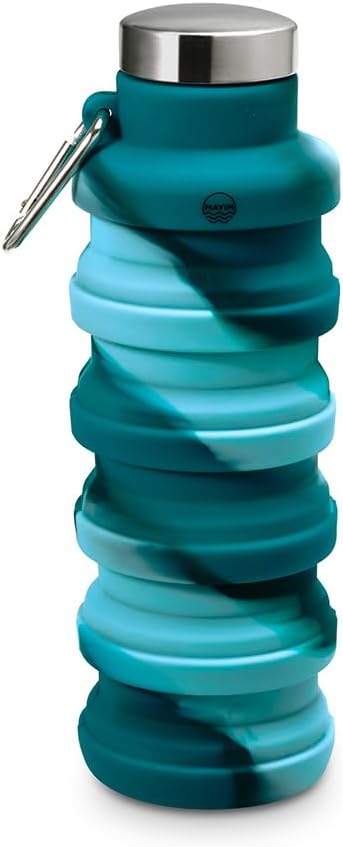 Mayim Collapsible Water Bottles Silicone Travel Tumbler with Clip for Backpack, Reusable Portable Sport Water Bottle for Gym, Camping, Hiking or Airport, 17 Oz Blue Tie Dye