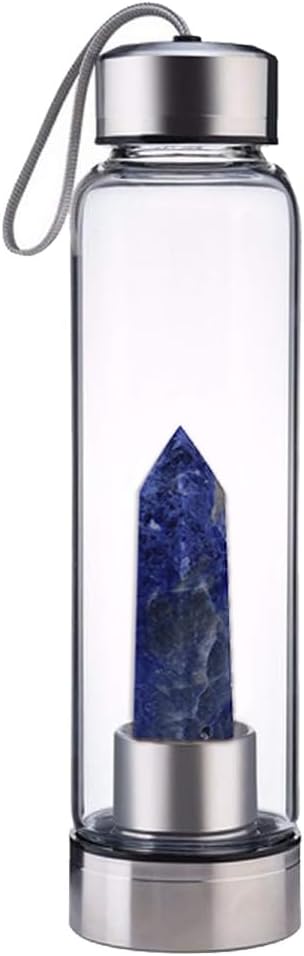 Crystal Glass Water Bottle,Water Bottle With Gemstone Center Crystal Elixir Bottle,Removable Gemstones Creative Water Cup Crystal Column Magic Wand Energy Cup for Gifts (G-Blue Stone)