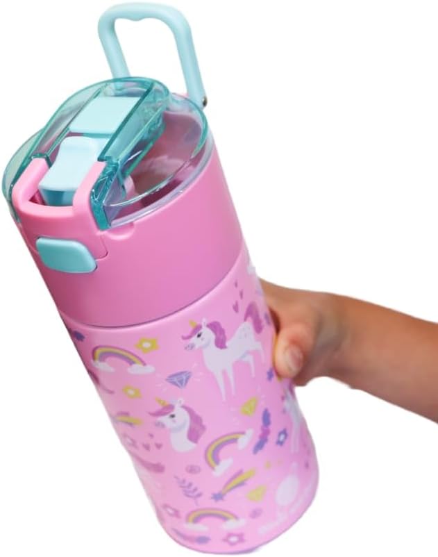 Kids insulated water bottle with straw and snack cup. Double wall stainless steel 14oz (Pink Unicorn)