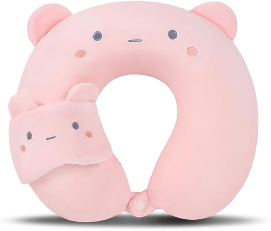 Kids Neck Pillow for Travel with Sleep Eye Mask, Cute Travel Neck Pillow, Memory Foam Flight Sleeping Headrest Pillow for Boys & Girls, Airplane, Train, Car, Home Use - Peach Bear