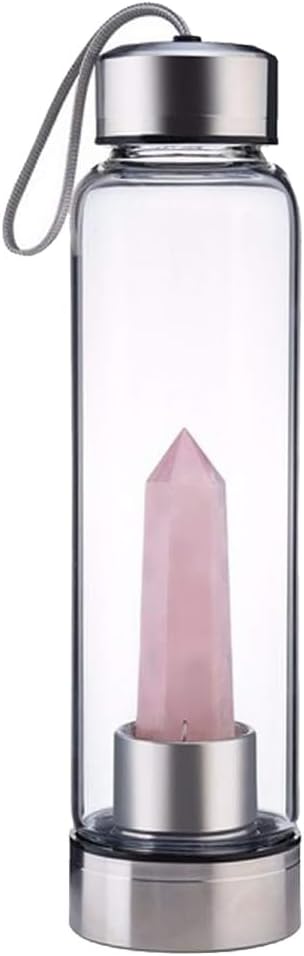 Crystal Glass Water Bottle,Water Bottle With Gemstone Center Crystal Elixir Bottle,Removable Gemstones Creative Water Cup Crystal Column Magic Wand Energy Cup for Gifts (O-Powder)