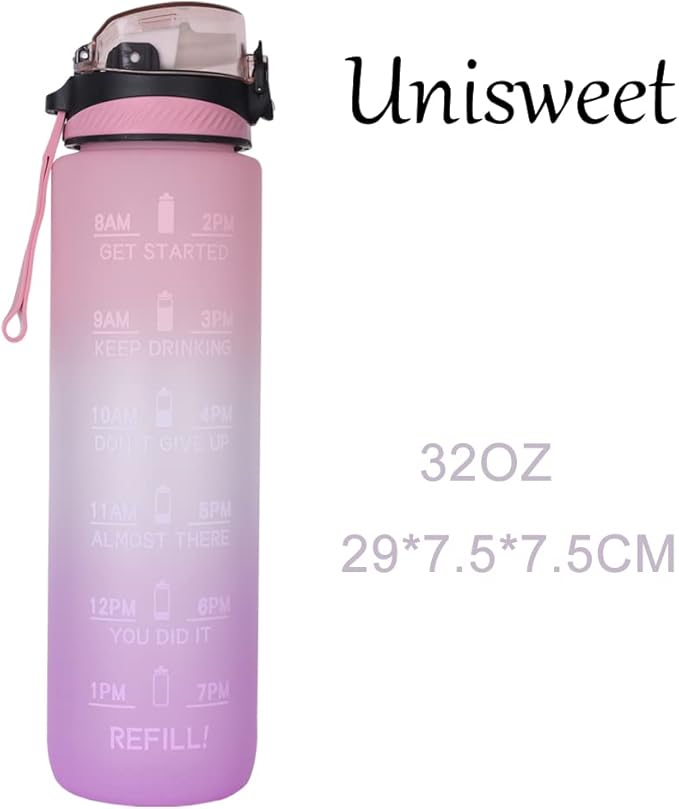 32oz Sport Water Bottle with Time Maker &Straw &Carry Strap & Security Lock Tritan BPA-Free Leak Proof Flip Top Lid Gym School Outdoor Sports Pink-Purple