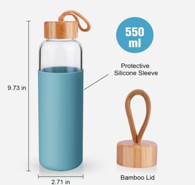 Lily's Home Glass Water Bottles Set of 2 - Glass Water Bottle Set. 18 oz Glass Bottles with Lids (Bamboo, Leakproof Seal), BPA Free, Silicone Sleeves to Avoid Drops & Bumps and Snags Tabletops