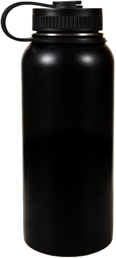 Sports Water Bottle - 32 Oz 3 Lids Straw Lid Leak Proof (Straw, Spout and Handle Lid)- Stainless Steel Sport and Gym, Travel Bottles for Men, Women -Insulated Thermos (Midnight Black)