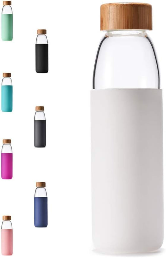 veegoal Glass Water Bottles 25 Oz Borosilicate with Bamboo Lid, BPA-FREE, Non-Slip Silicone Sleeve, and Stainless Steel Leak Proof Lid - Reusable Glass Bottle for Men and Women