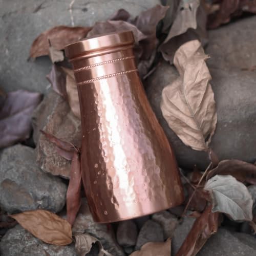 Pure Copper Hammered Pitcher with Inbuilt Tumbler | Ayurvedic Solid Copper Water Bottle Drinking Jar with Cup Galss | Best Use Carafe for Office, Bedroom, Dining Table Pot 37oz / 1100 ML / 1.1 Liter