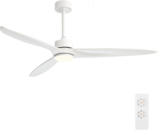 WINGBO 60 Inch DC Ceiling Fan with Lights and Remote Control, 3 Reversible Carved Wood Blades, 6-Speed Noiseless DC Motor, Modern Ceiling Fan in White Finish