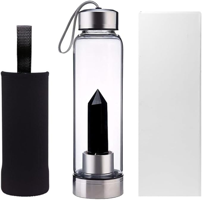 Crystal Glass Water Bottle,Water Bottle With Gemstone Center Crystal Elixir Bottle,Removable Gemstones Creative Water Cup Crystal Column Magic Wand Energy Cup for Gifts (A-Obsidian)