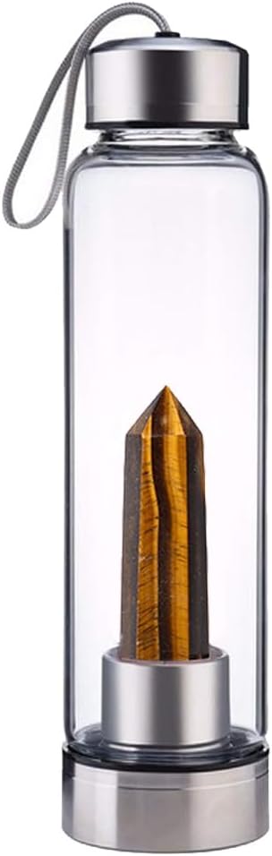 Crystal Glass Water Bottle,Water Bottle With Gemstone Center Crystal Elixir Bottle,Removable Gemstones Creative Water Cup Crystal Column Magic Wand Energy Cup for Gifts (C-Tiger's Eye)