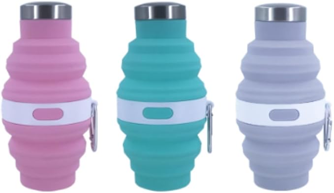 Collapsible Silicone Water Bottle with Carabiner, 475ml/17oz, BPA-Free, Leak-Proof, Lightweight & Durable for Travel, Gym, Camping (Grey)