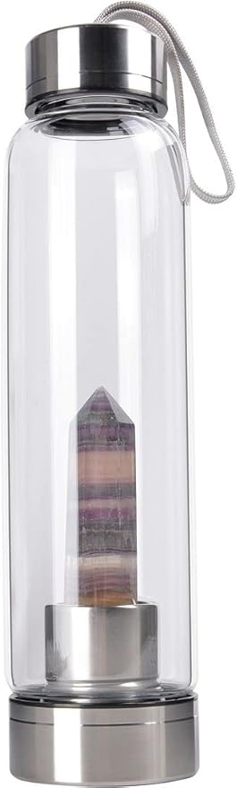 Crystal Glass Water Bottle Energy Quartz Gemstone Water Bottle with Changeable Natural Crystal Center for Healing and Wellness Bright Colorful Fluorite