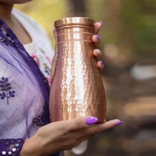 Pure Copper Hammered Pitcher with Inbuilt Tumbler | Ayurvedic Solid Copper Water Bottle Drinking Jar with Cup Galss | Best Use Carafe for Office, Bedroom, Dining Table Pot 37oz / 1100 ML / 1.1 Liter