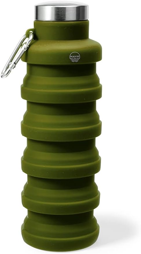 Mayim Collapsible Water Bottles Silicone Travel Tumbler with Clip for Backpack, Reusable Portable Sport Water Bottle for Gym, Camping, Hiking or Airport, 17 Oz Olive