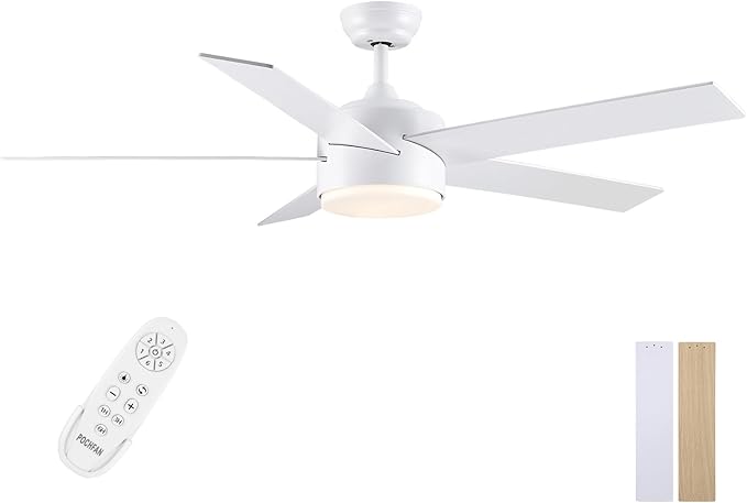 52 inch White Ceiling Fans with Lights and Remote, Wooden 5 Blades LED Modern Ceiling Fan for Bedroom, Living Room, Dining Room, 3 CCT 6-Speed Quiet Reversible