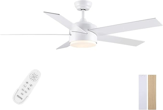 52 inch White Ceiling Fans with Lights and Remote, Wooden 5 Blades LED Modern Ceiling Fan for Bedroom, Living Room, Dining Room, 3 CCT 6-Speed Quiet Reversible