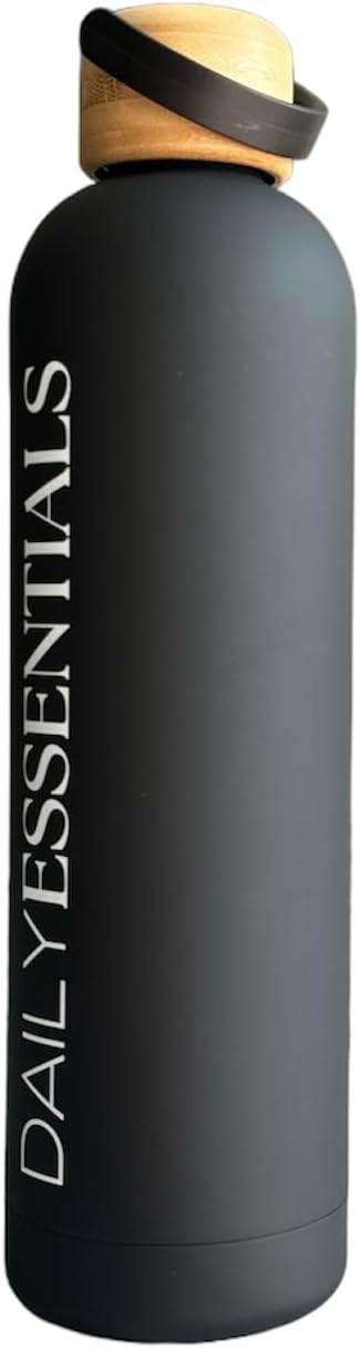 Daily Essentials Matte Black Stainless Steel Water Bottle With Bamboo Lid, 34 oz
