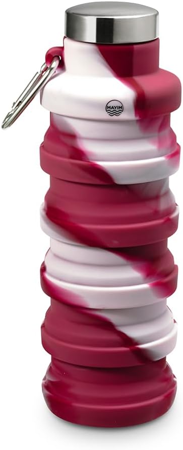 Mayim Collapsible Water Bottles Silicone Travel Tumbler with Clip for Backpack, Reusable Portable Sport Water Bottle for Gym, Camping, Hiking or Airport, 17 Oz Mauve Pink & Burgundy Tie Dye
