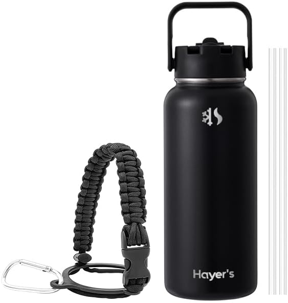 Hayer's Water Bottles 32oz Stainless Steel Insulated Hot & Cold Water Bottle with Straw and Spout 2 in 1 Lid with Paracord Travel Water Bottle Handle.