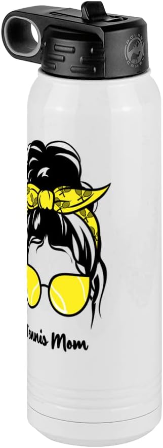 Tennis Mom Water Bottle, Messy Bun, White 30 oz Polar Camel with Straw Lid, Stainless Steel, Vacuum Insulated