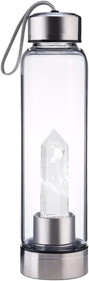 Crystal Glass Water Bottle,Water Bottle With Gemstone Center Crystal Elixir Bottle,Removable Gemstones Creative Water Cup Crystal Column Magic Wand Energy Cup for Gifts (I-White Crystal)