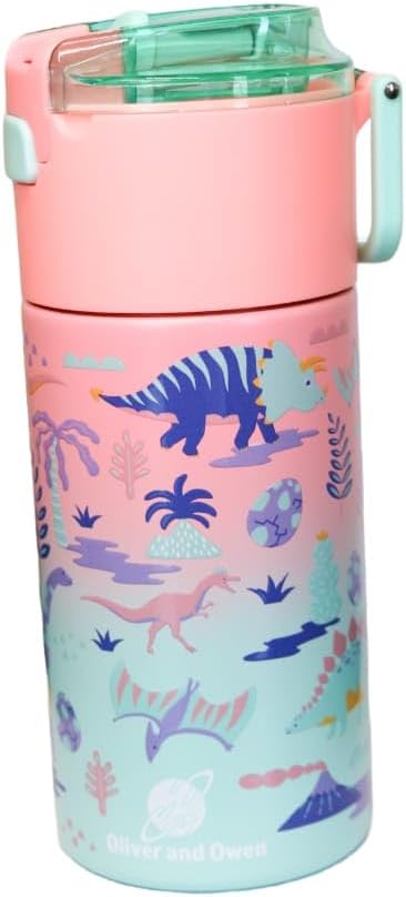 Kids insulated water bottle with straw and snack cup. Double wall stainless steel 14oz (hot peach and light turquoise dinosaur)