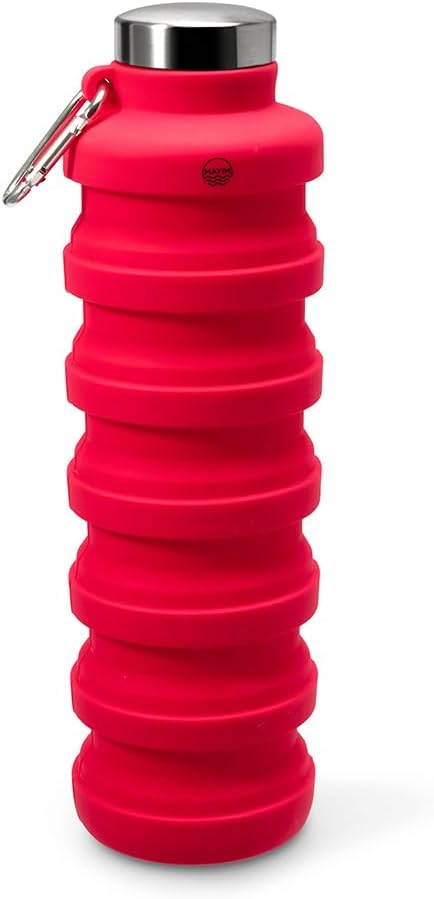 Mayim Collapsible Water Bottles Silicone Travel Tumbler with Clip for Backpack, Reusable Portable Sport Water Bottle for Gym, Camping, Hiking or Airport, 24 Oz Coral