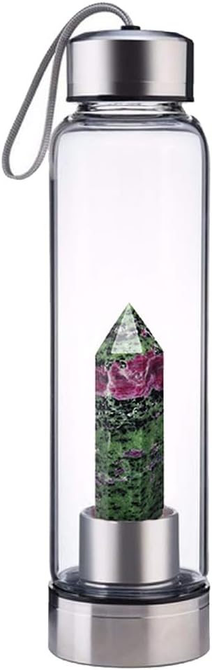 Crystal Glass Water Bottle,Water Bottle With Gemstone Center Crystal Elixir Bottle,Removable Gemstones Creative Water Cup Crystal Column Magic Wand Energy Cup for Gifts (D-Red Green Treasure)